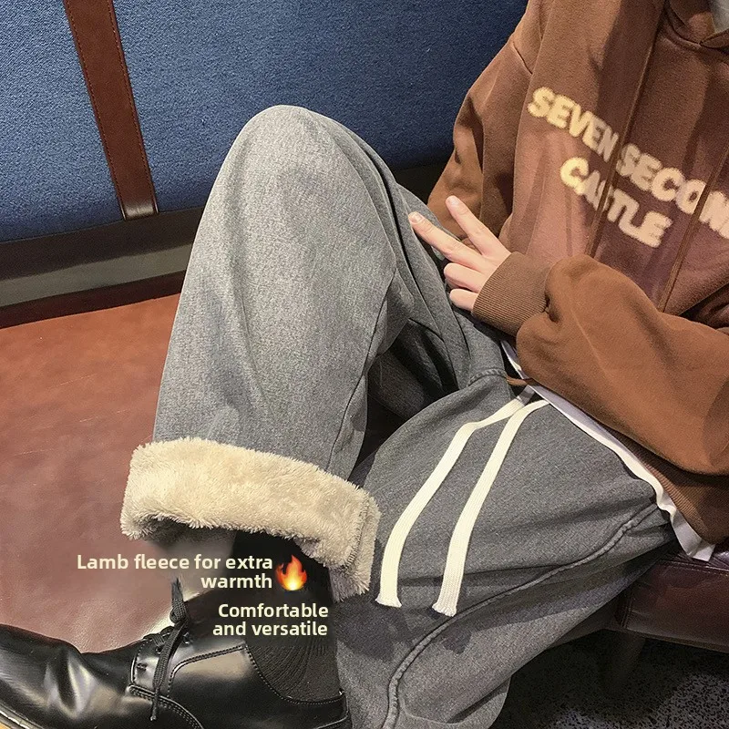 

Утепленные мужские джинсы прямого кроя на флисовой подкладке, теплые зимние брюки, повседневные брюки с широкими штанинами в американском стиле для молодежи