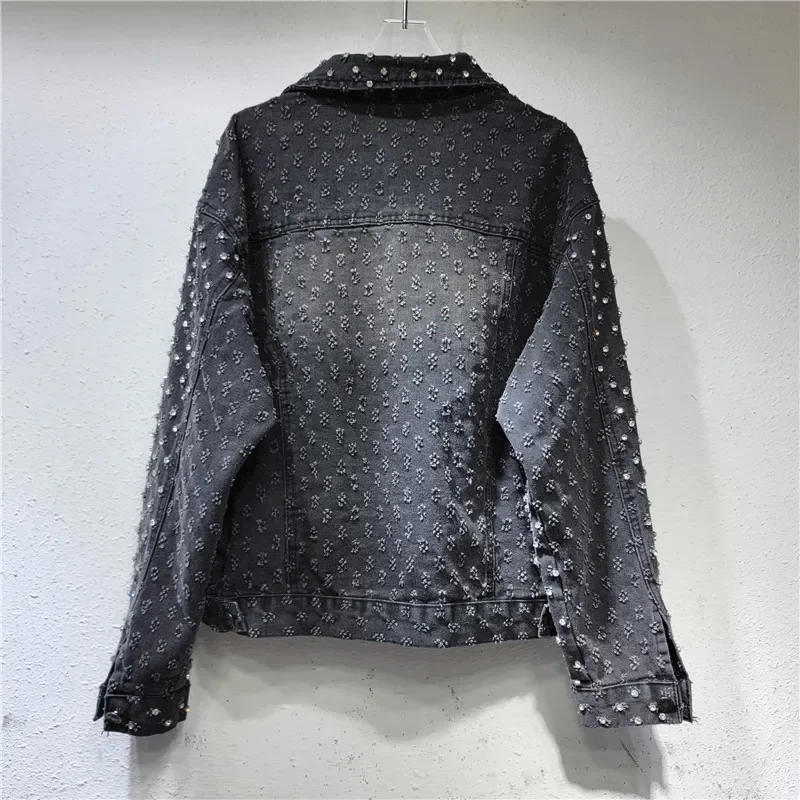 Fashion Beaded Diamond Frayed Hole Short Denim Jacket Black Streetwear Casual Lapel Long Sleeve Jeans Jacket Spring Women New