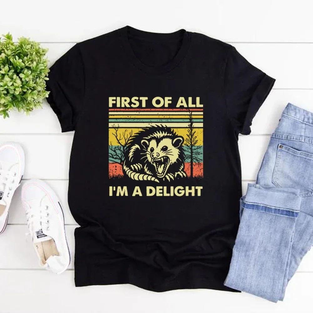 First of All I'm A Delight Shirt Funny Opossum Women Short Sleeve T-shirts Vintage Streetwear Women Tshirt Casual Y2k Clothing