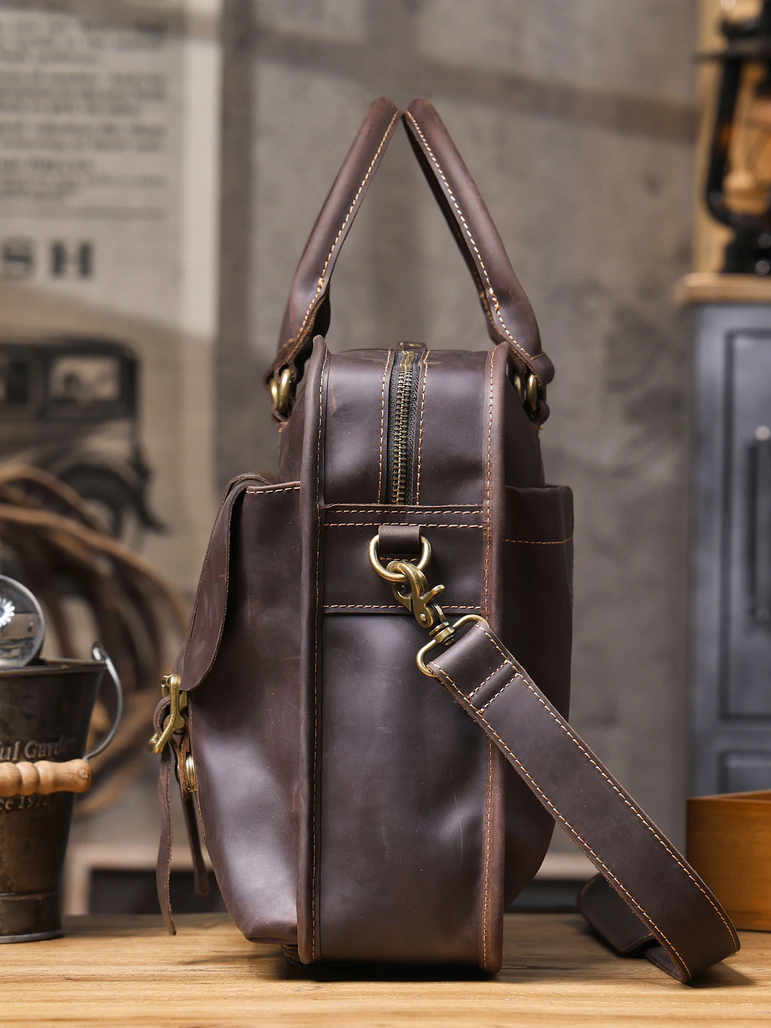 S.WORKER Vintage Echtleder Herren-Aktentasche Laptop-Tasche Crazy Horse Leder Messenger-Handtasche Rindsleder Geschenkidee für Männer – Detail 10
