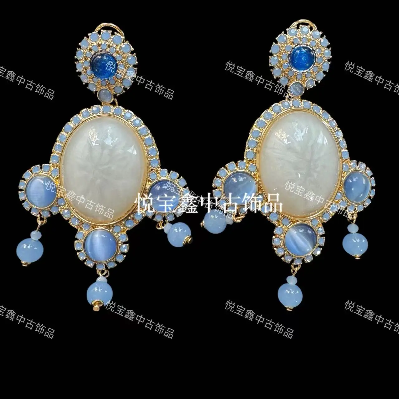 Exaggerated  vintage sweeping shoulder stud earrings 925 silver needles white blue diamond ear stud