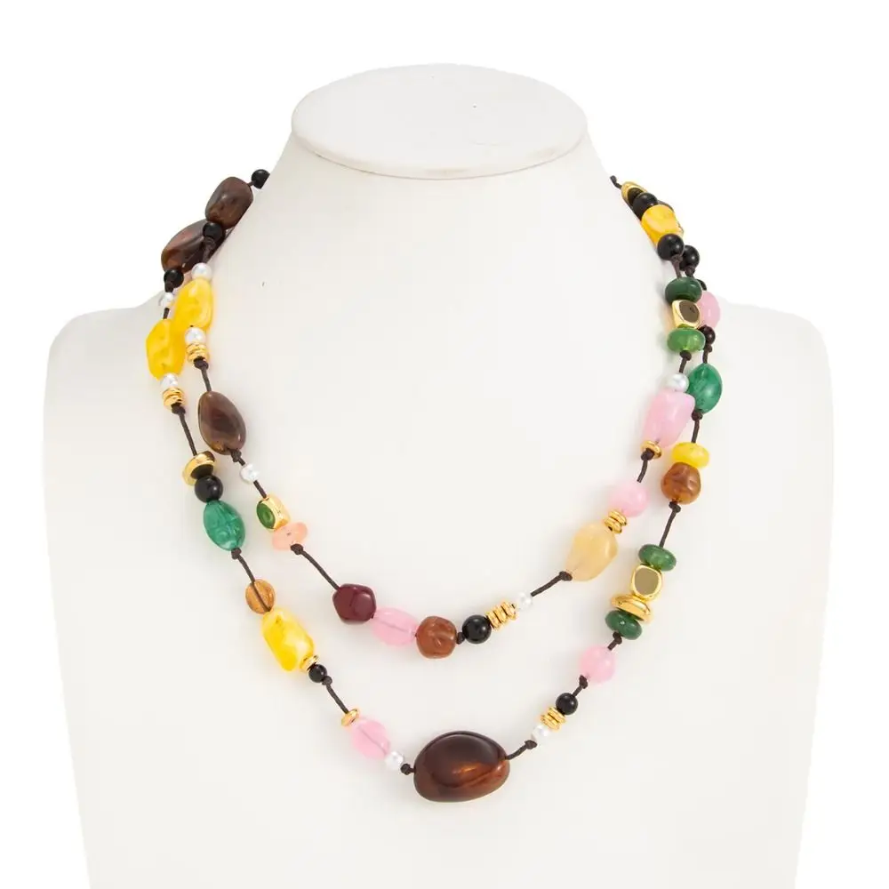 Fashion Colorful Vintage Irregular Bead Bohemian Double Layers Pearl Pendant Stackable Rope Chain Choker Women Girls
