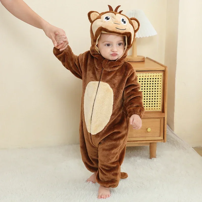 Unisex Monkey Animal Hooded Bodysuit Flannel Winter Pajamas Halloween Girls Boys Role Play Bodysuit