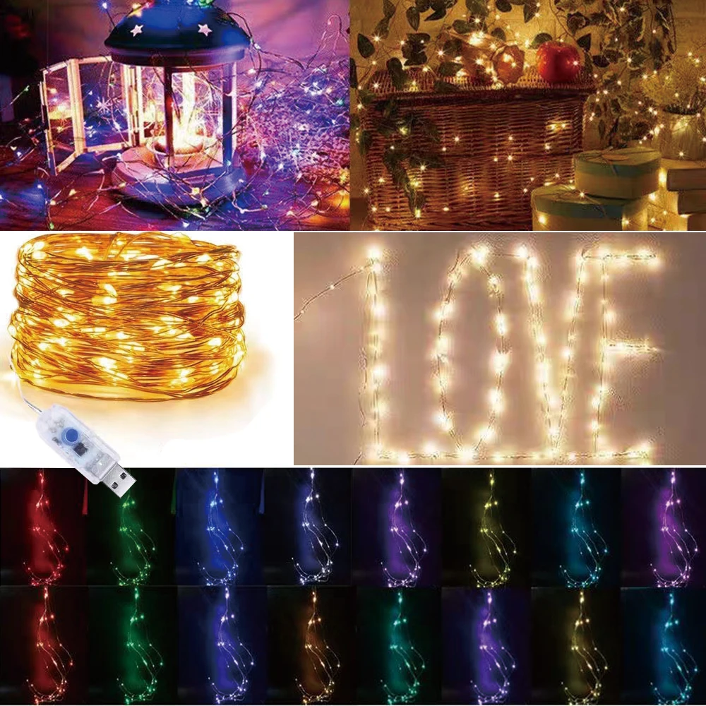 10PCS USB 8 modes Led Copper Wire Fairy Lights 1M 2M 3M 4M 5M Waterproof  Garland Christmas Wedding Party holiday Decoration