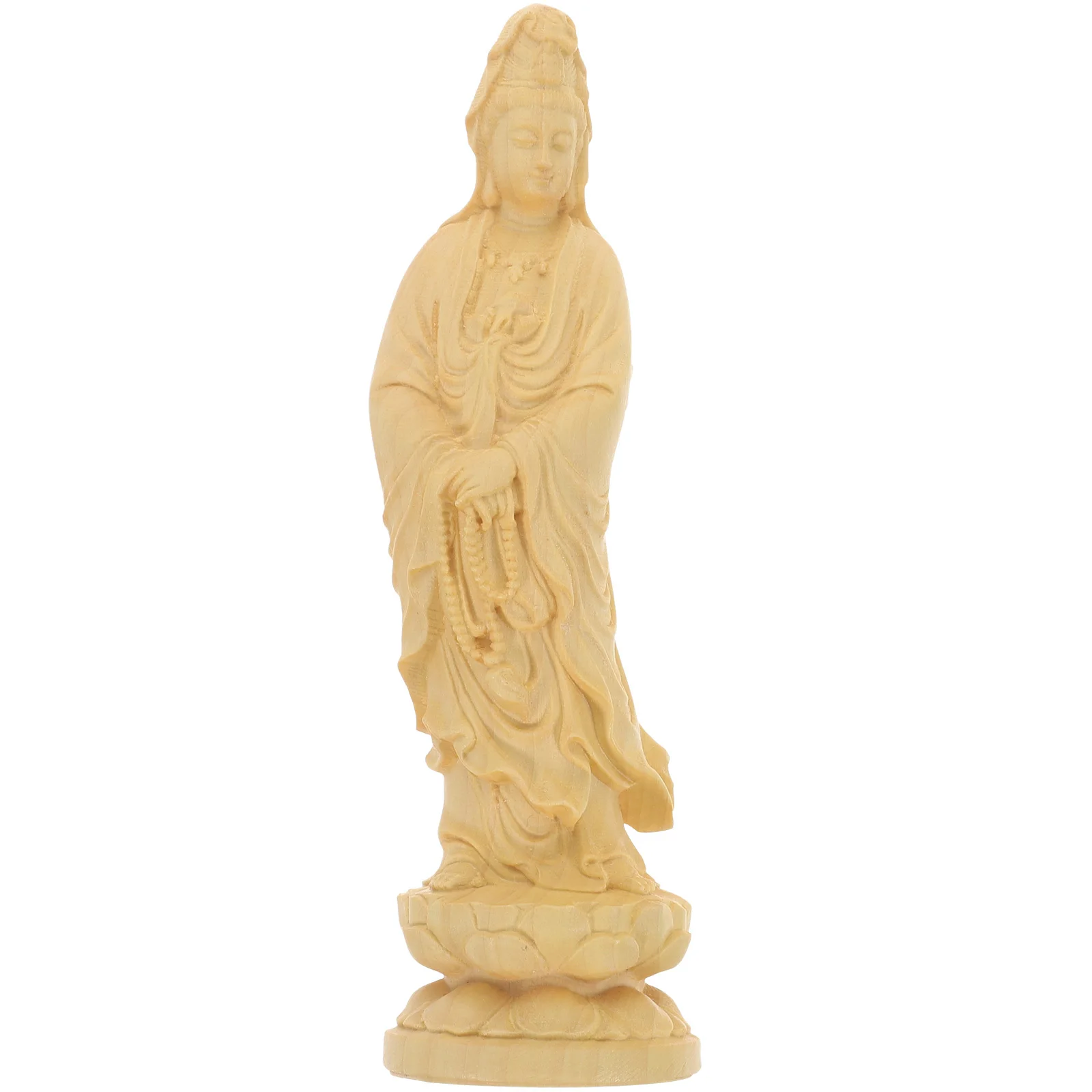 

1pc Wooden Guanyin Sculpture Yellow Handcrafted Buddha Statue Home Office Decor Religious Ornament Desktop Craft