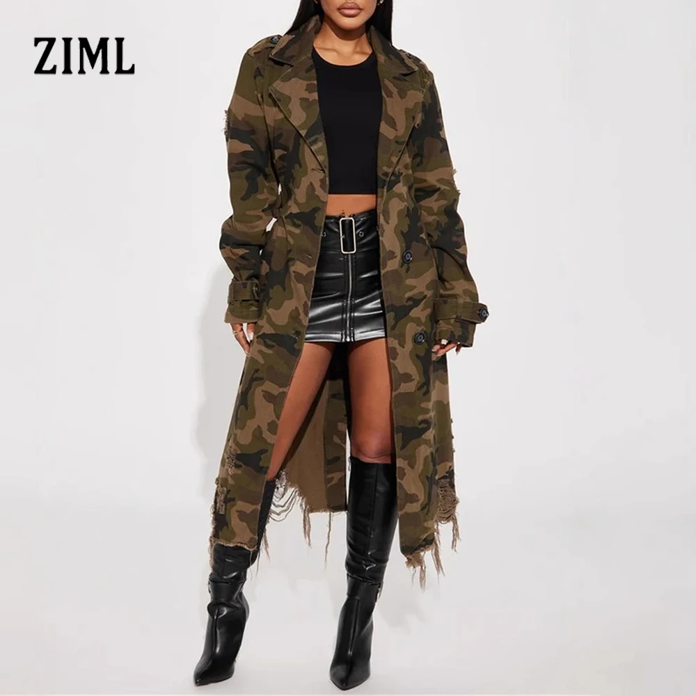 

ZIML Elegant Patchwork Button Camouflage Windbreaker for Women Lapel Long Sleeve Spliced Hole Chic Coats Female Fashion Style