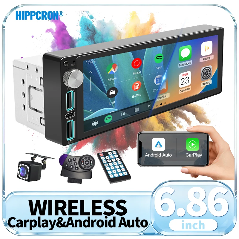 hippcron-car-radio-686-wireless-carplay-android-auto-1din-car-stereo-multimedia-video-bt50-fm-usb-type-c-charge-mp5-player