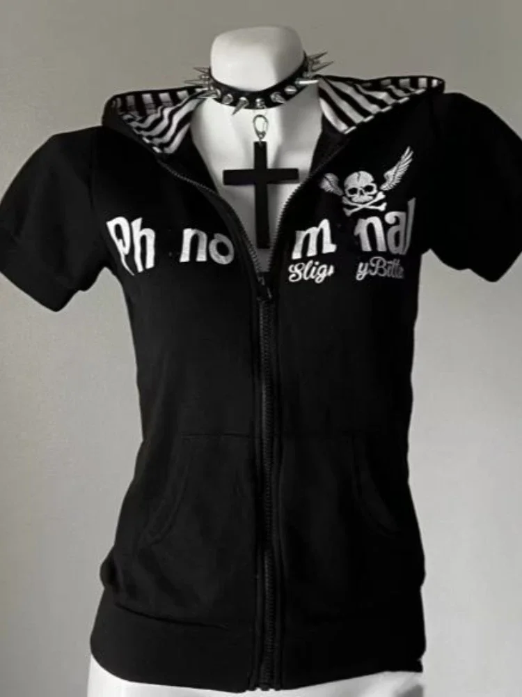

Gothic Black Y2K Subculture Skull Print Zip Coat Women Japanese Slim Striped Hoodie Casual Tops Fashion Streetwear Clothes New