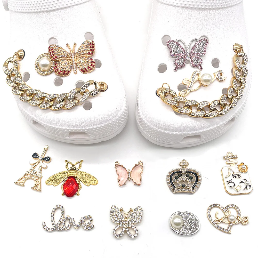 Metal Letter Rhinestone Pearl Chain Butterfuly  Set Shoe Charms for Clogs Sandals Decoration Shoe Buckle for Girl Gift