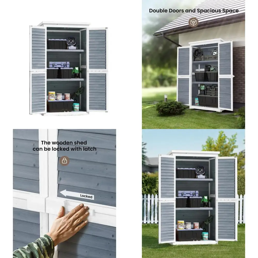

Уличный запираемый шкаф для хранения 63.2 с 3 полками, водонепроницаемый деревянный сарай для сада и патио - серый