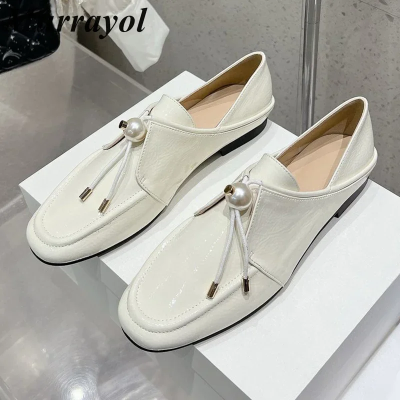 

New Lace Up Pearl Decor Single Shoes Women's Round Toe Genuine Leather Flat Shoes Spring Autumn Retro Style Mary Jane Shoes