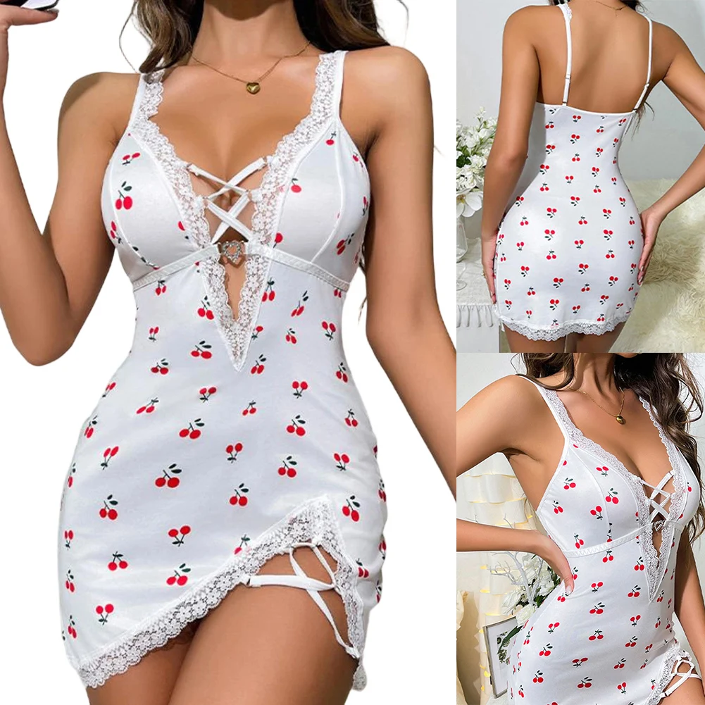 Women Sexy Sleepwear Pajamas Set Ladies' Sexy Lingerie Hollow Out  Heart-shaped Strappy Cross-print Camisole Nightgown