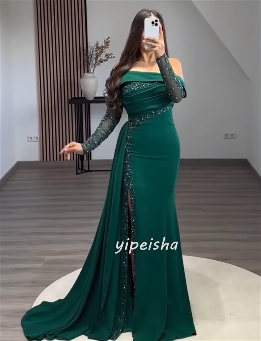 Gaun Panjang Model Mermaid Off-the-shoulder Berkualitas Tinggi dengan Hiasan Rhinestone dan Beading Klasik, Gaun Acara Khusus yang Dipesan Sesuai Pesanan, Gaun Formal