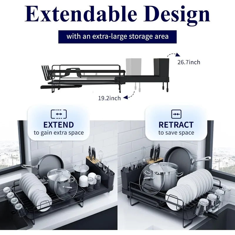 Large Dish Drying Rack - Extendable Dish Rack, Multifunctional Dish Rack for Kitchen Counter, Anti-Rust Drying Rack