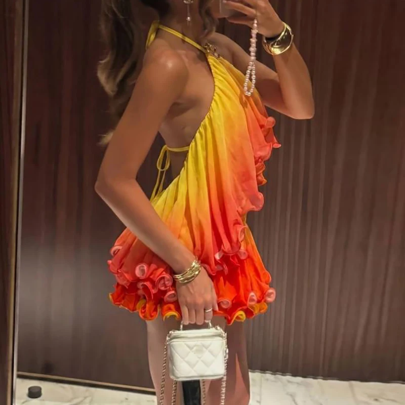Sexy Hang Neck Tied Shoulder Vacation Outfit Temperament Backless Top+Shorts 2pc Set Leisure Gradient Ruffle Exposed Navel Suit