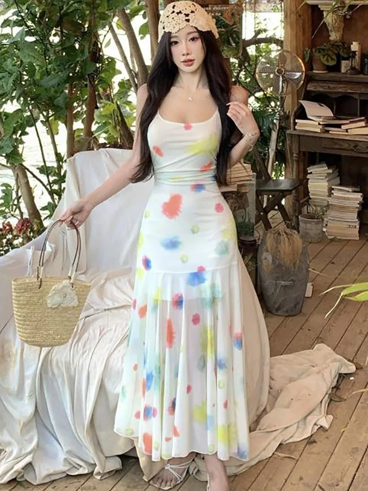 2025 Boho Print Mesh Sling Sexy Long Dress Women Elegant Bodycon Casual Holiday Dress Summer Korean Fashion International Dress