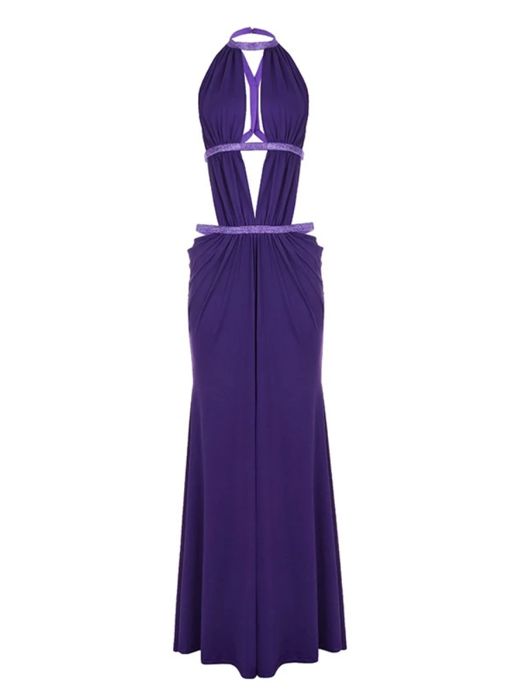 SsTss Sexy Sequined Halter Maxi Dress for Women Summer Fashion Sleeveless Backless Cut Out Slim Draped Beach Holiday Maxi Dress