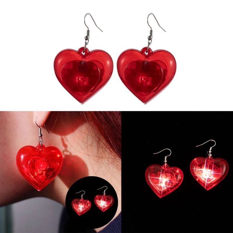 Fashion Dangle Earrings Heart LED Lights Pendant Earrings Unique Light Up Heart Drop Earring Valentines Party Jewelry Y08E