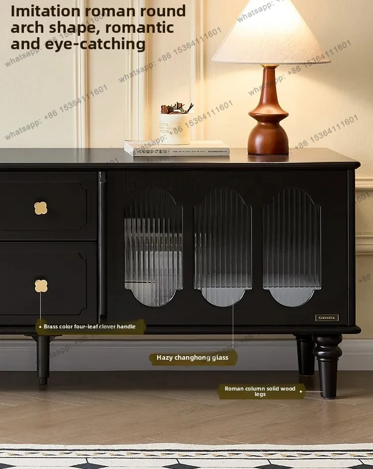 retro style coffee table TV cabinet combination black solid wood leg storage cabinet