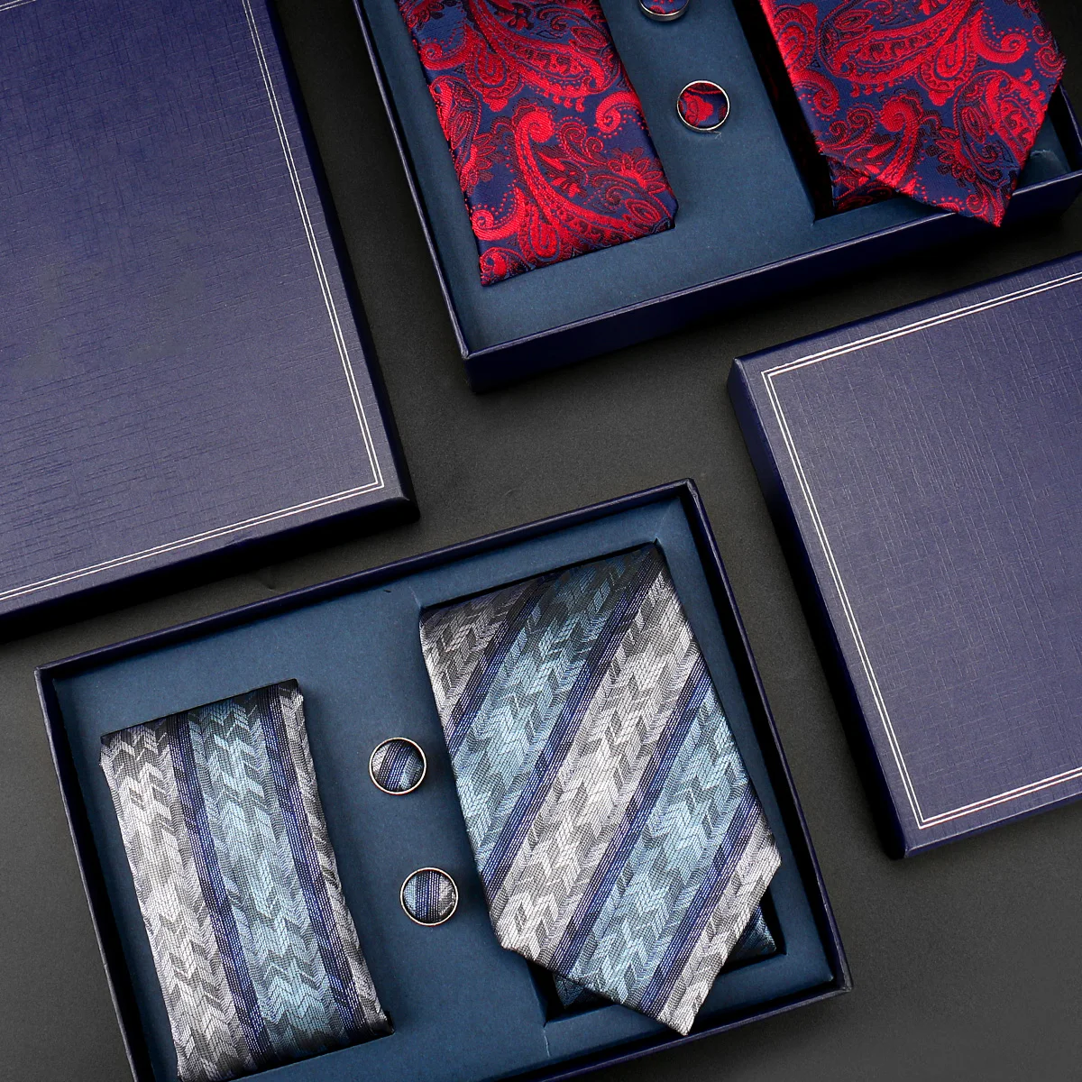 Elegant Men Tie Gift Set 3 Pcs Tie Cufflinks Handkerchief Black Gift Box Floral Paisley Business Formal Accessories Party Gift