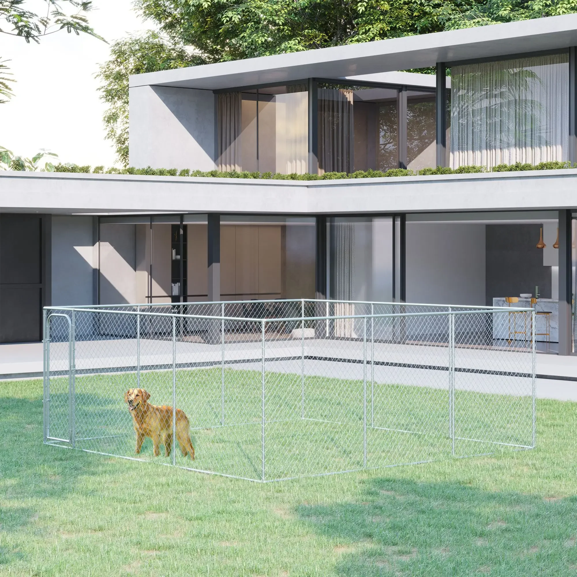 a forHeavy Duty 15.1FT X 15.1FT Galvanized Chain Link Dog Kennel Outdoor Secure Lock Fence With Stable Run For Large Dogs