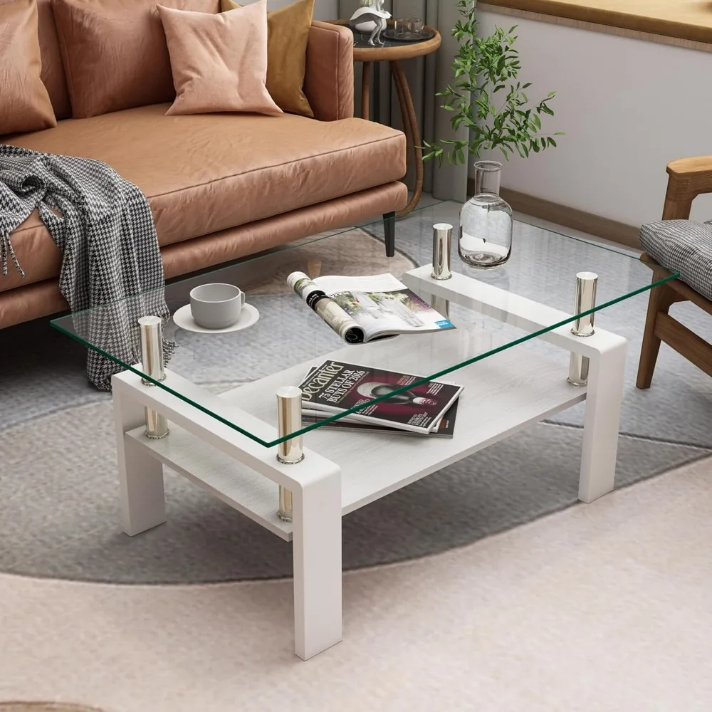 White Contemporary Glass Coffee and End Table Set, 3-Piece Living Room Furniture with Wooden MDF Layer, 39 Rectangular Clear Gla