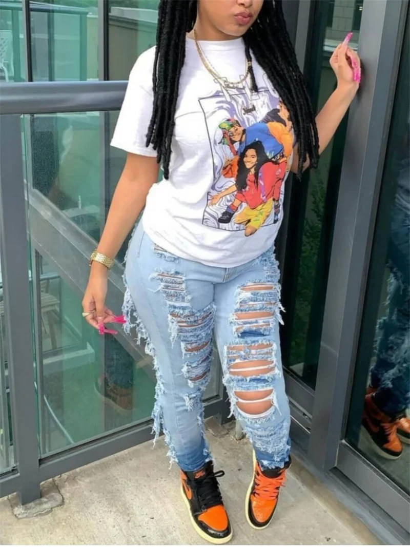 

New Casual Hole Ripped Jeans Women Sexy High Waist Stretch Skinny Denim Pants Retro Pencil Pants Tassel Trousers Pockets Female