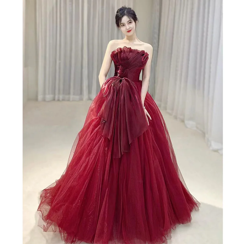 

Red Wine Color Bridesmaid Gown Strapl Floor-Length Skirt Wedding Ceremony Engagement Par Ball Gown Women's Dr
