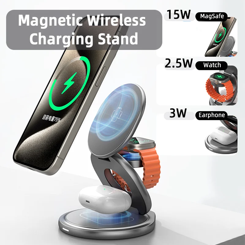 15w 3 In 1 Magnetic Wireless Charger Stand for iPone 14 13 12 Pro Max Airpods Samsung Watch 6 5 iWatch 8 7 Fast Charging Station