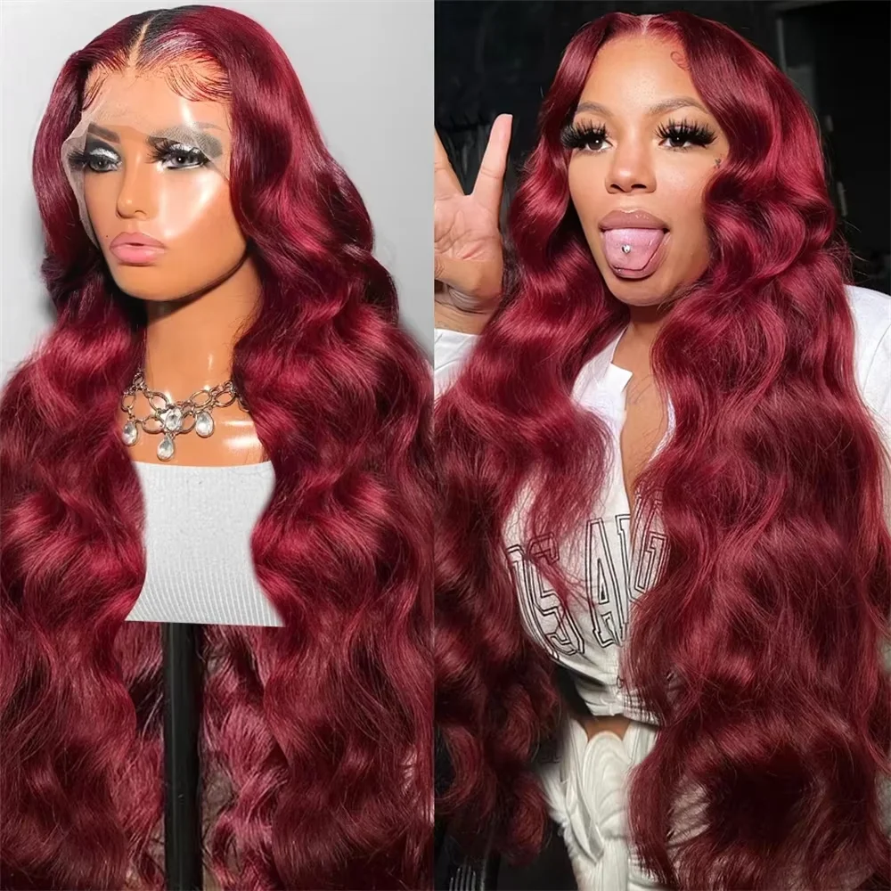 220% 99J Burgundy 13x6 HD Lace Frontal Human Hair Wigs Peruvian Raw Wine Red Colored 30 Inch Body Wave Lace Front Wig Human Hair Pre Plucked With Baby Hair