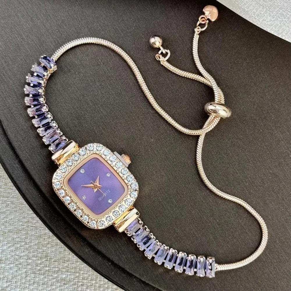 Hot Inlaid Zircon Women's Bracelet with Diamond Flexible Pull Out Women Wristwatch Simple Square Alloy Case Strap Watch