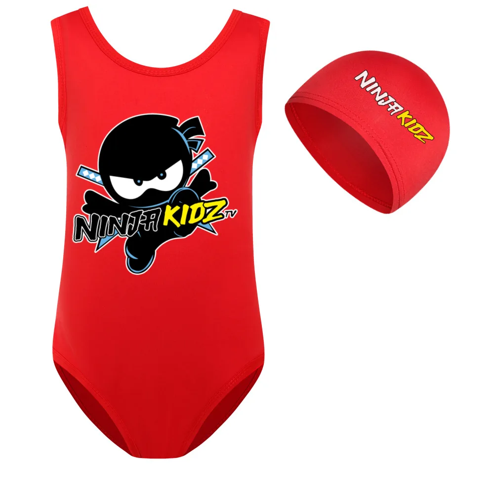 Baby NINJA KIDZ Swimwear Kids One Piece Beach Wear Children Cute Backless Swimming Toddler Girls Cartoon Swimsuit+Cap 2pcs Sets