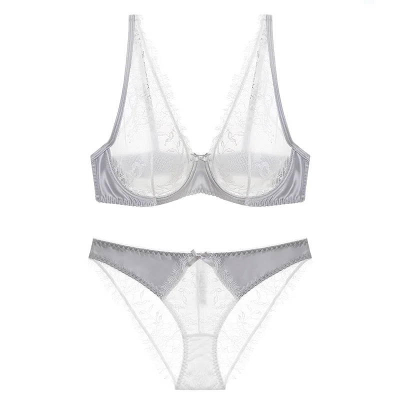 KUCLUT  full lace transparent sexy women underwear big size intimates 2017 summer female lingerie suit ultra-thin bra and panty