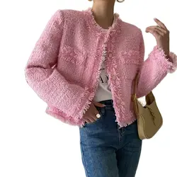 New Arrival Fall Spring Pink Sweet Luxury Tweed Chain Design Jacket Women's Woollen Coats Elegant Slim Causal Outerwear Casacos