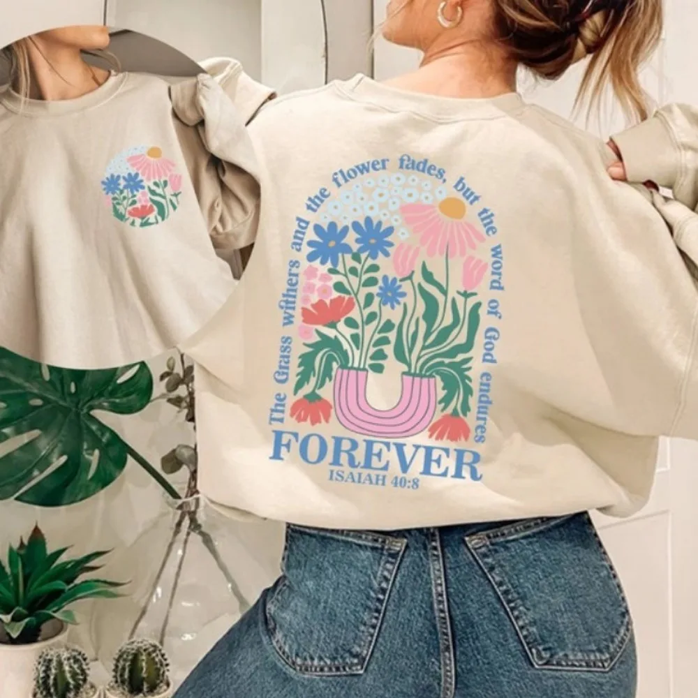 Boho Christian Hoodie Women Bible Verse Clothes Jesus Apparel Vintage Floral Hoodie Flower Graphic Pullover Back Print Sweater