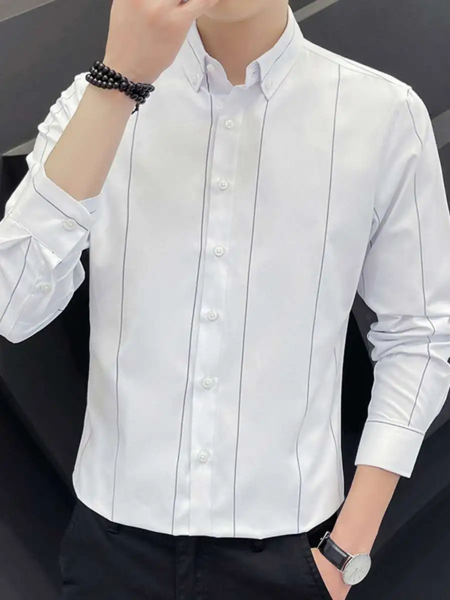 

Slim Fit Long Sleeve Men's Shirt Trendy Striped New Arrival Summer Casual Travel Wear Short Sleeve Stand Collar Tourist Shirt