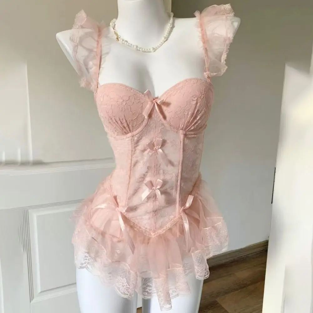 الحلو Bowknot الدانتيل الملابس الداخلية النساء انتفض شبكة الدانتيل حبال باس النوم ملابس نوم شفافة انظر من خلال فستان الليل النساء
