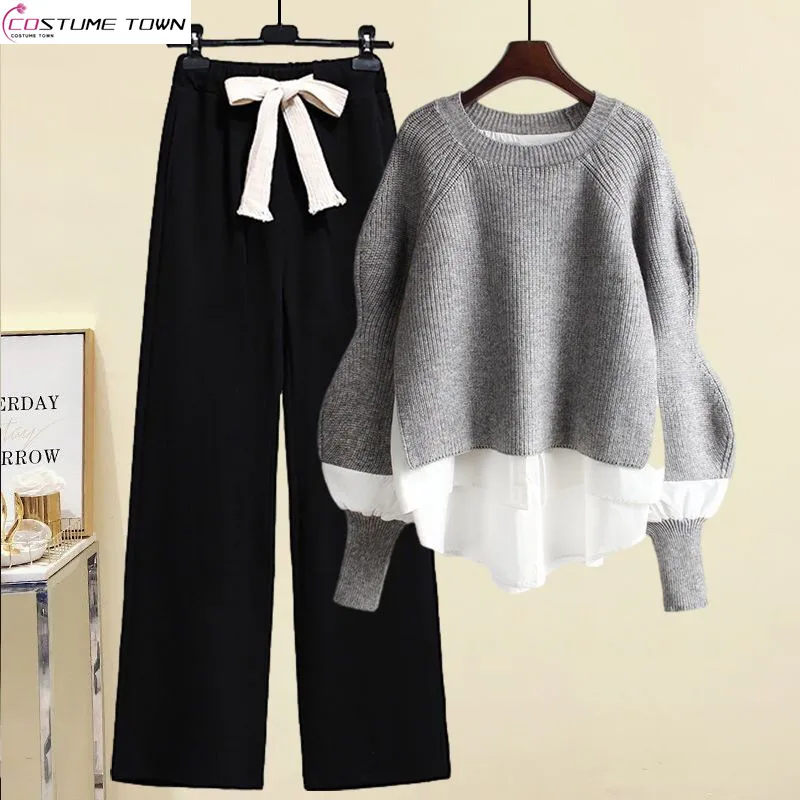 

Large Women's Spring and Autumn Set 2023 New Spliced Sweater Slim Fit Casual Pants Two Piece Set Fashion