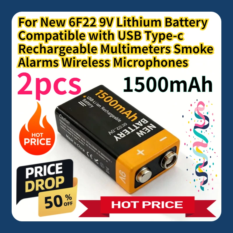 For New 6F22 9V Lithium Battery Compatible with USB Type-c Rechargeable Multimeters Smoke Alarms Wireless Microphones