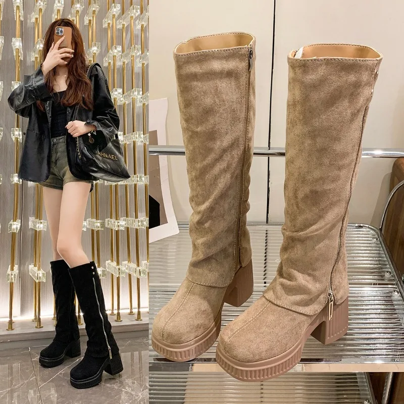 Camurça feminina joelho botas de salto alto sapatos plataforma botas de neve de luxo 2024 marca feminina bombas moda chunky chelsea inverno botas