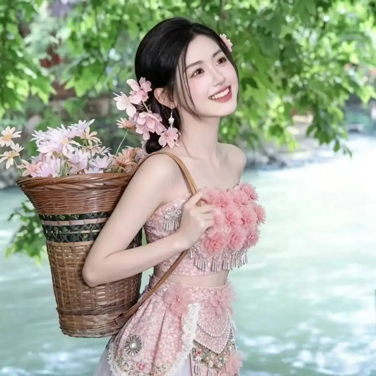 Elegant Pink Floral Hmong Costume Women's Traditional Chinese Hanfu Dress, Summer Beach Party Dance Skirt, Travel Wedding Hanfu