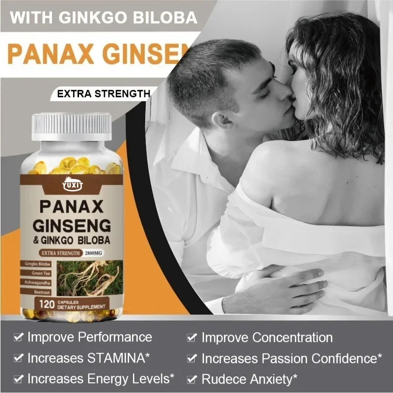 Auténticas hojas coreanas de ginseng + ginkgo biloba, 120 cápsulas vegetarianas, 2800 miligramos de energía masculina y femenina