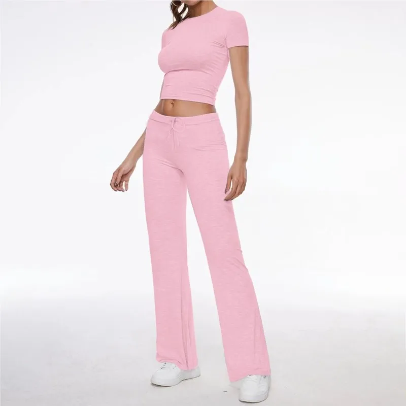 

Solid Color Casual Pants With Flared Waist And Short Sleeves Spicy Girl Sports Suit Round Neck Top Elastic Waistband Tied Pants