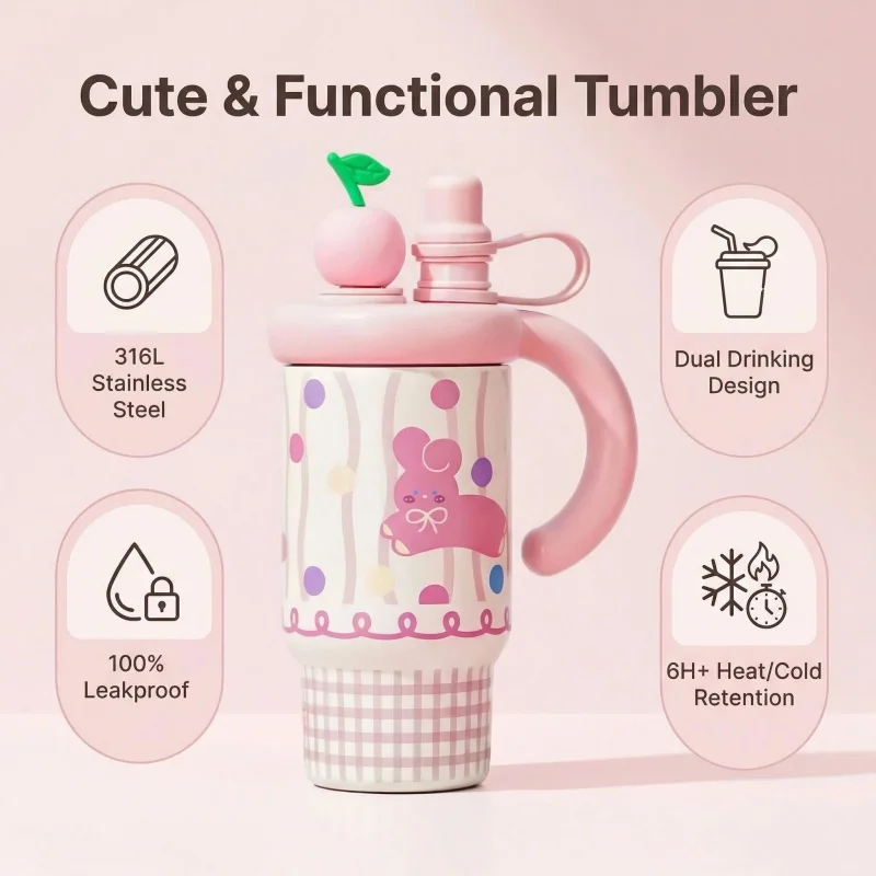 

500ml 316L Stainless Steel Vacuum Insulated Tumbler, Double Mouth Lid with Straw, Leakproof Travel Coffee Mug Thermal Cup Bottle