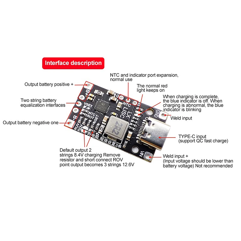 3.7V Lithium Battery Supporting Fast Charging Balance With Indicator Light Type-C USB Charging Enhancement Module