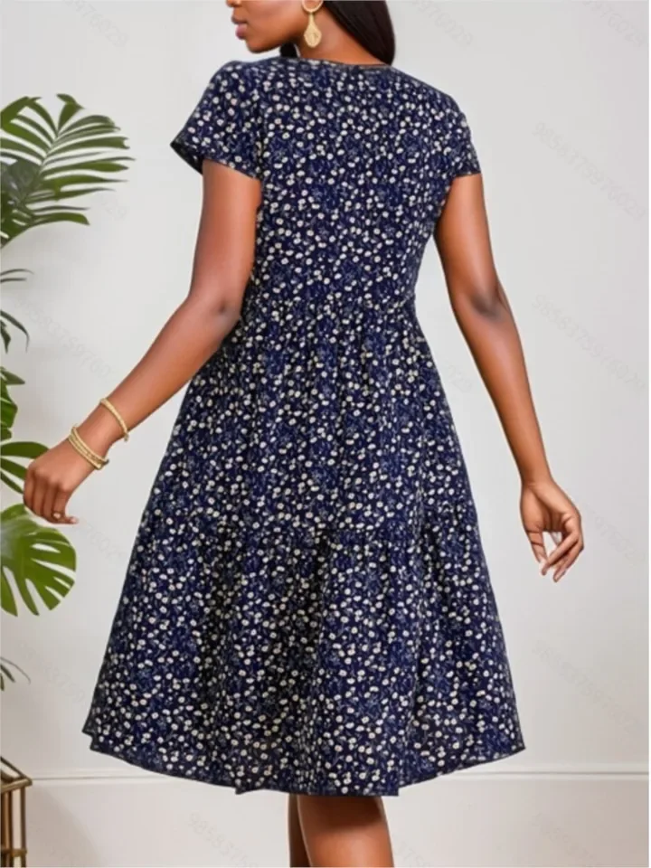 Casual Print Loose Dress Lady Fashion O-Neck Short Sleeve Pullover Dresses For Women Summer Boho Holiday Womens Clothing New