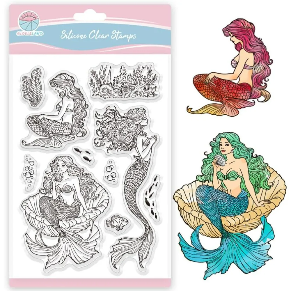 Sellos transparentes de sirena, sellos transparentes de silicona con forma de pez oceánico, sellos transparentes de concha de Coral para hacer tarjetas de álbum de recortes DIY