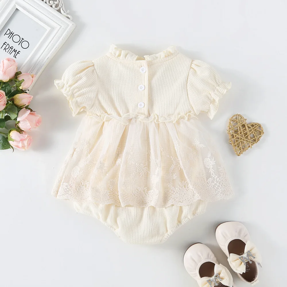 Baby Infant Girls Birthday Party Dress Waffle Ruffle Romper Puff Sleeve Lace Embroidery Dresses Bodysuits for Wedding Banquet