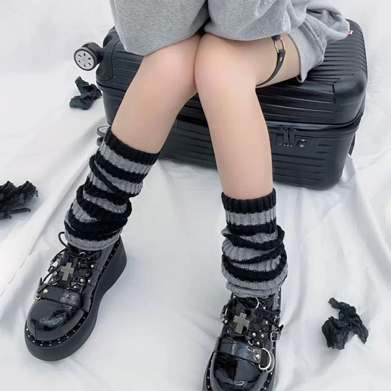 Women Chunky Ribbed Knit Leg Warmers Gothic Striped Print 90s Boot Socks