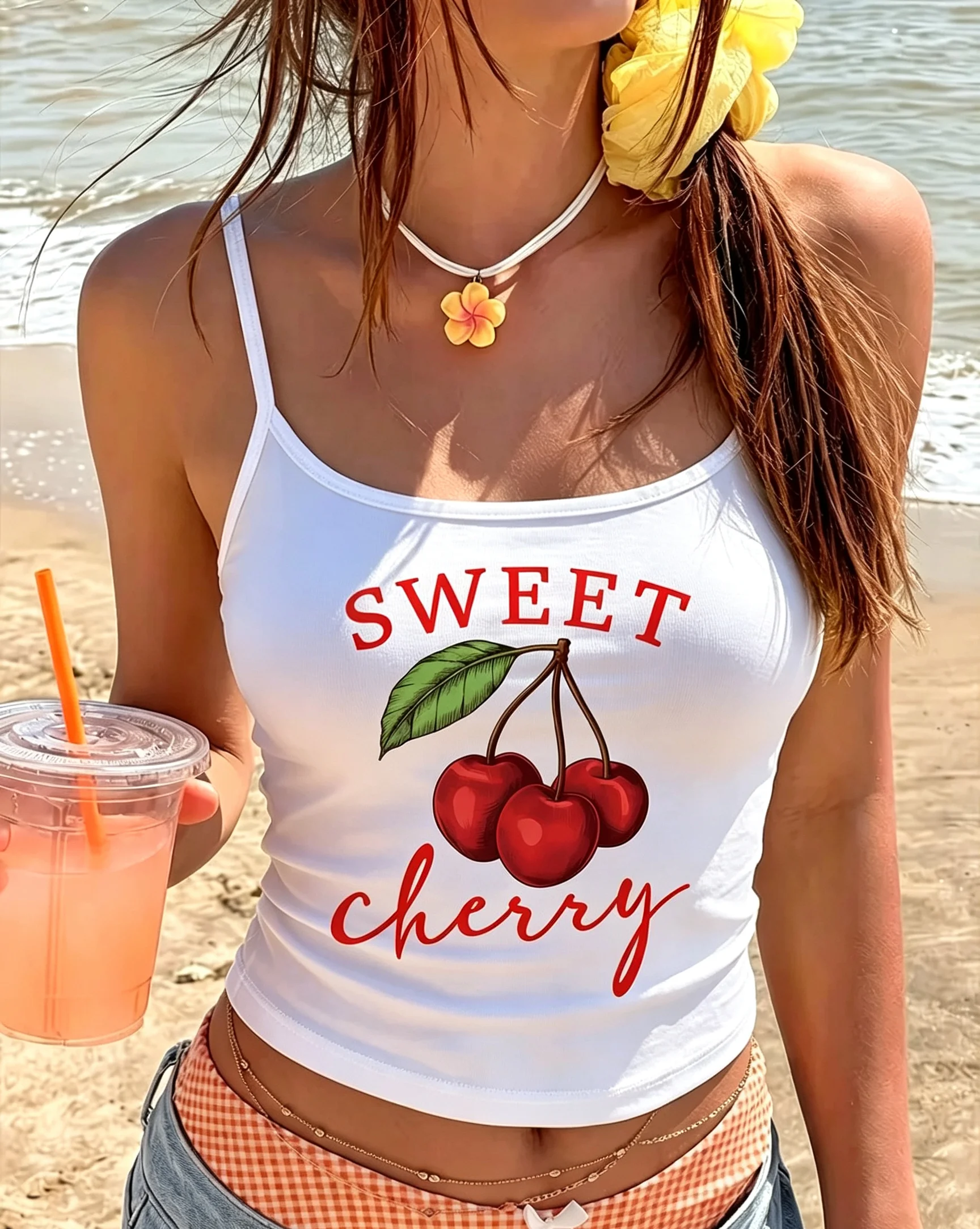 Women Cherry Graphic Camisole Sweet Script Print Tank Top Summer Girly Sleeveless Vest Casual Daily Wear Beach Outfit Trendy